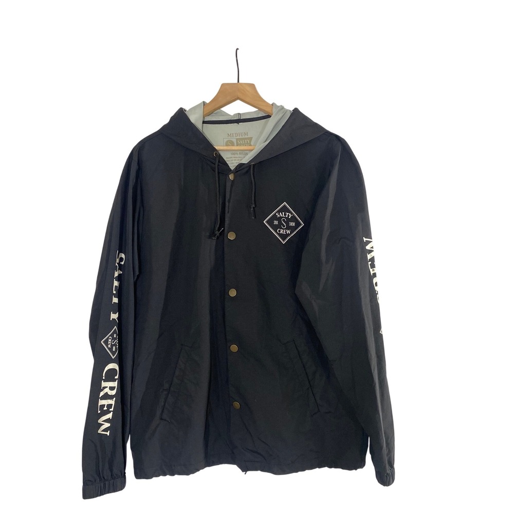 Salty Crew Windbreaker Jacket Mens Medium Black Excellent Hooded Sink Swim Logo
